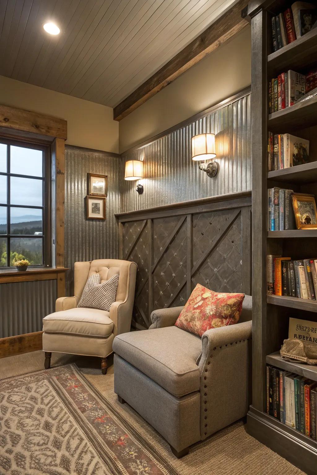 Metallic wall paneling establishes the setting for a comfortable reading getaway.