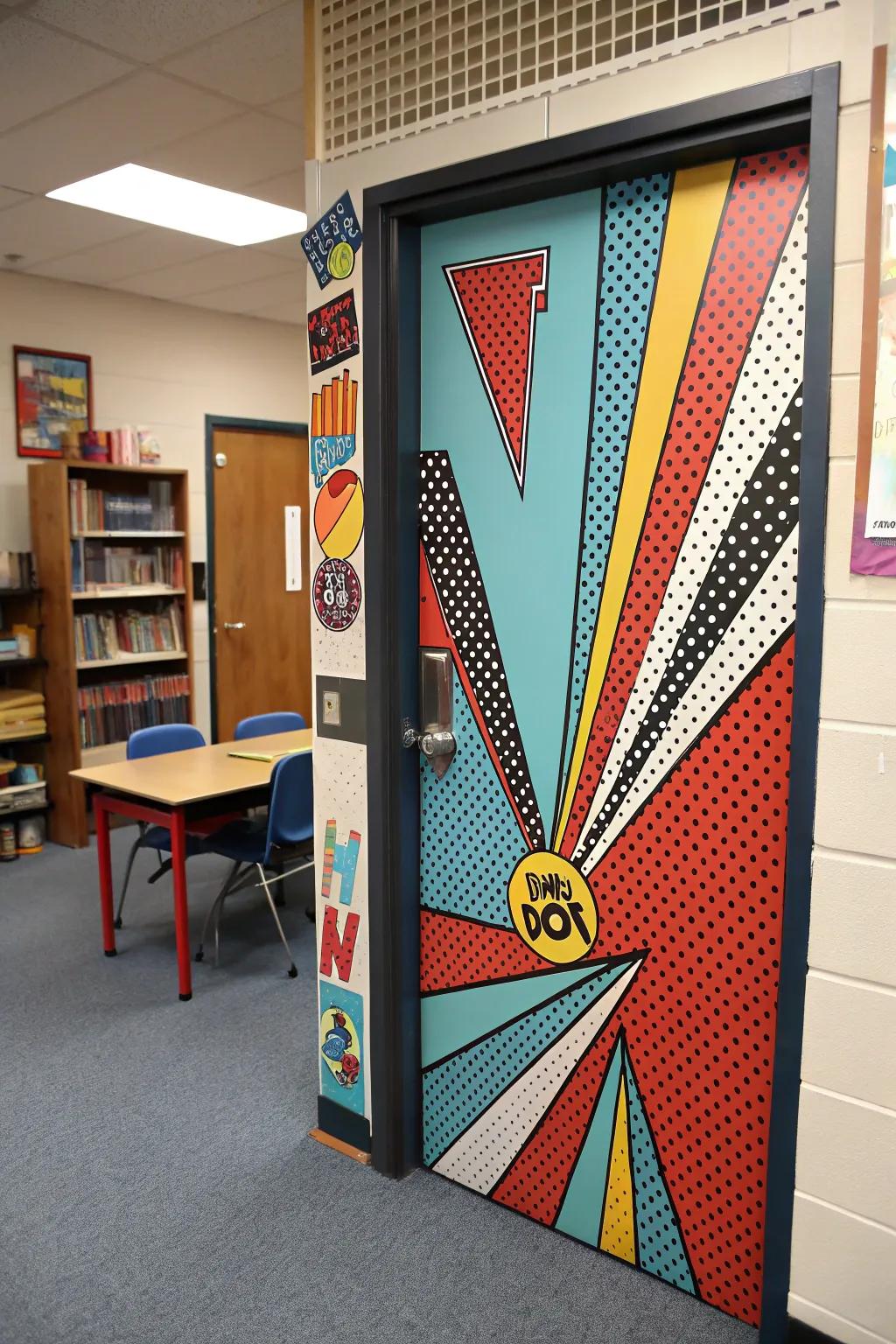 A classroom door with a nostalgic, retro design theme.
