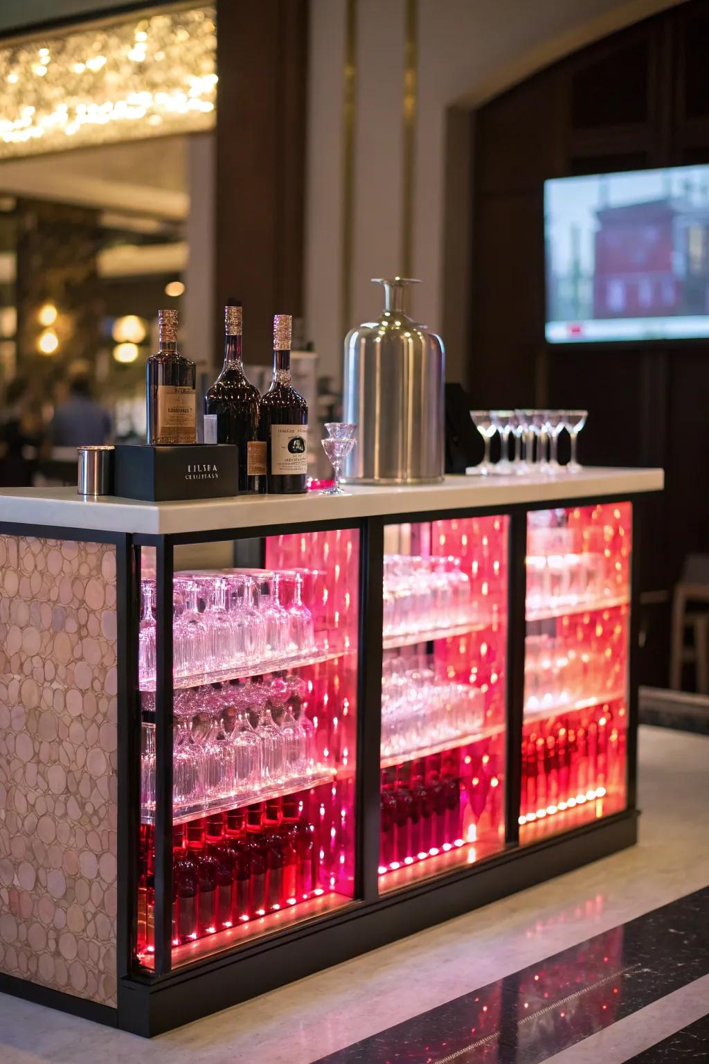 Backlit backsplash adds a glamorous touch to the mini bar.