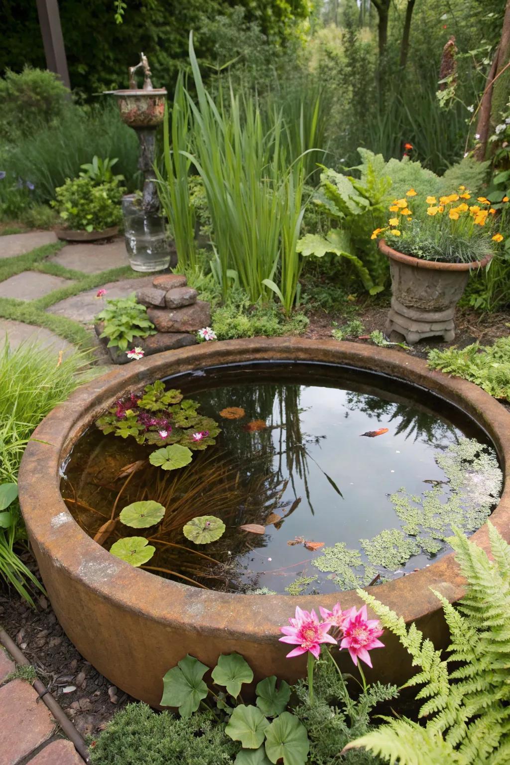 A rustic fire pit ring turned into a unique mini pond.