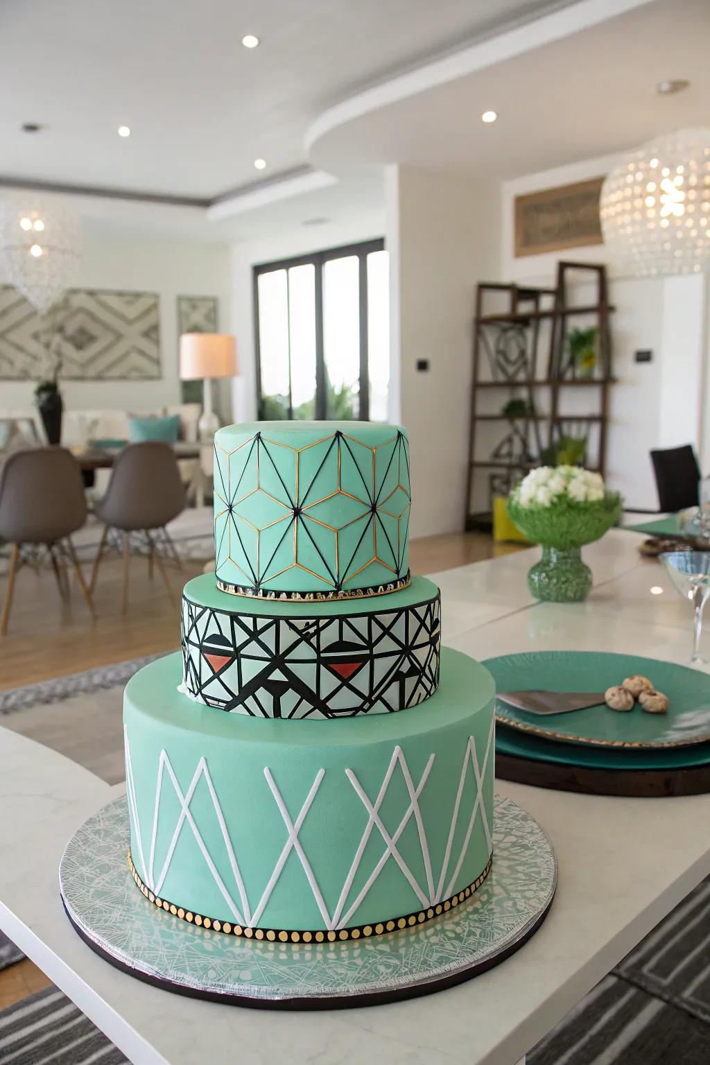 A turquoise cake decorated with modern geometric designs.