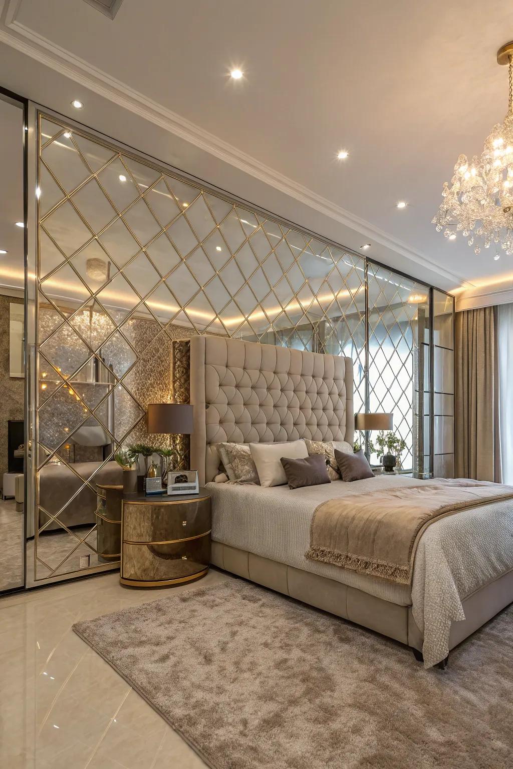 Mirrored tiles on an accent wall enhance luxury and beautifully reflect light.