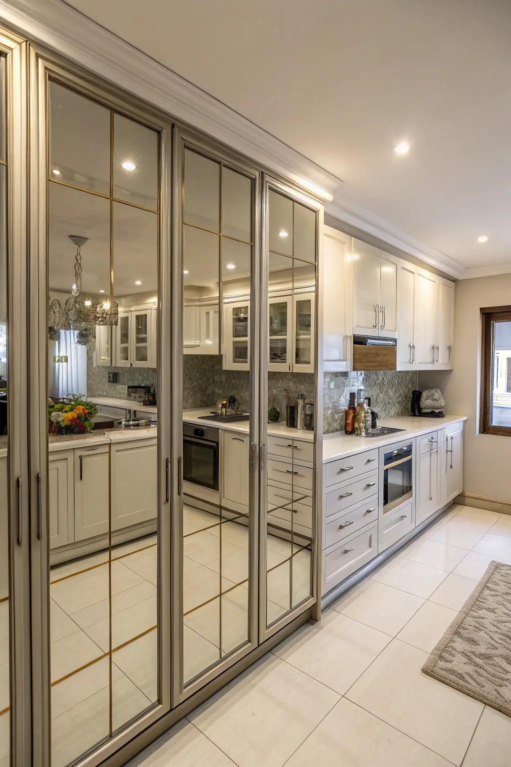 Mirrored cabinet doors enhancing light and spaciousness in the kitchen.
