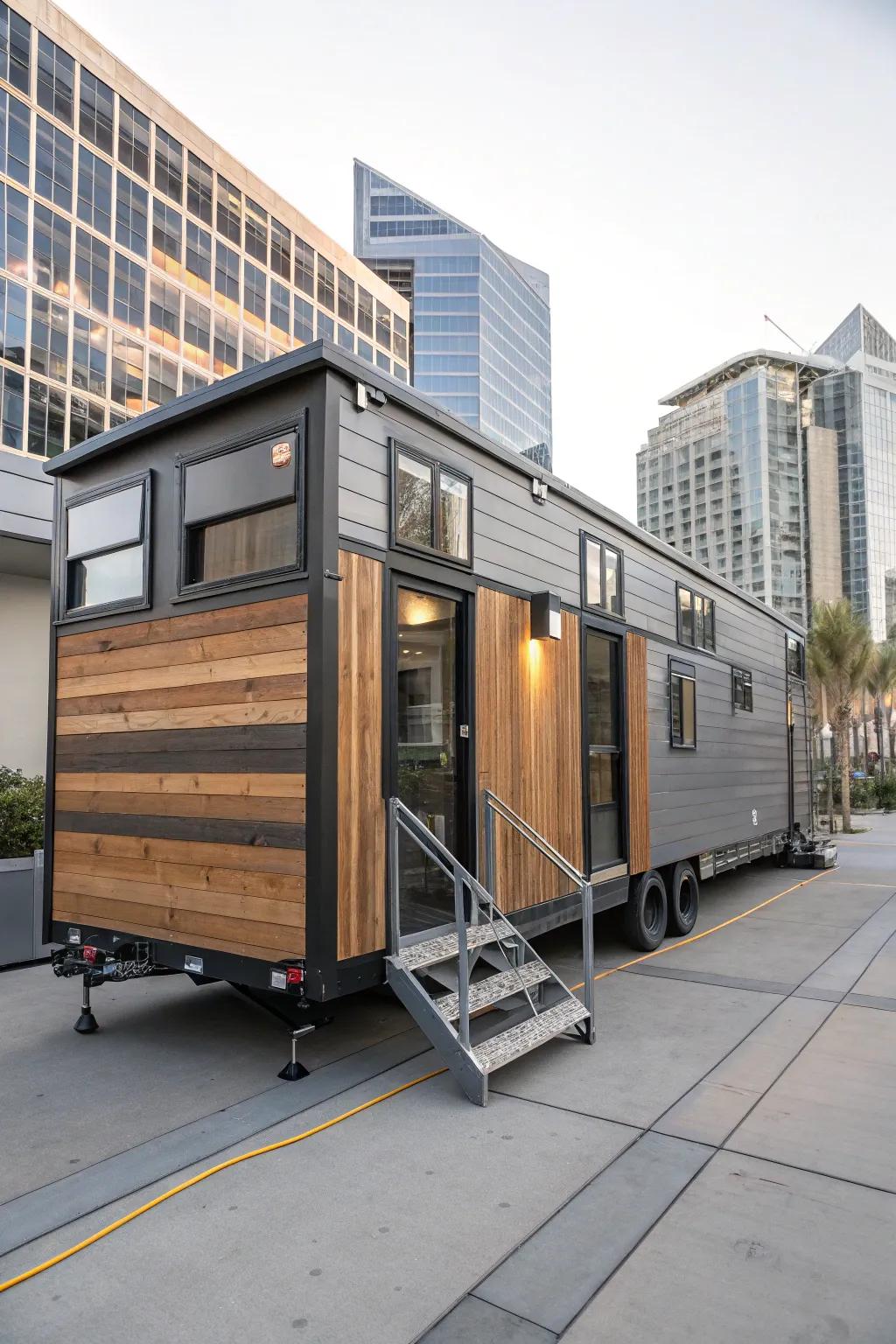 Mixed lumber and metal skirting makes a modern, industrial look.