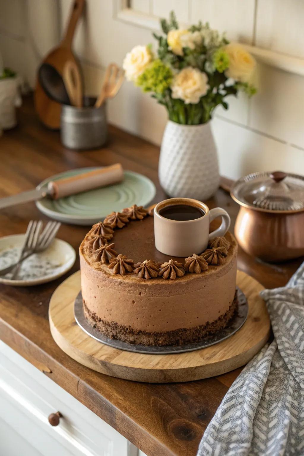 A miniature coffee mug adds a playful charm to a mocha cake.