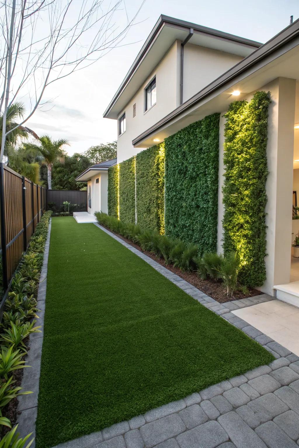 Upright green screens add depth and vibrancy to the artificial turf setting.