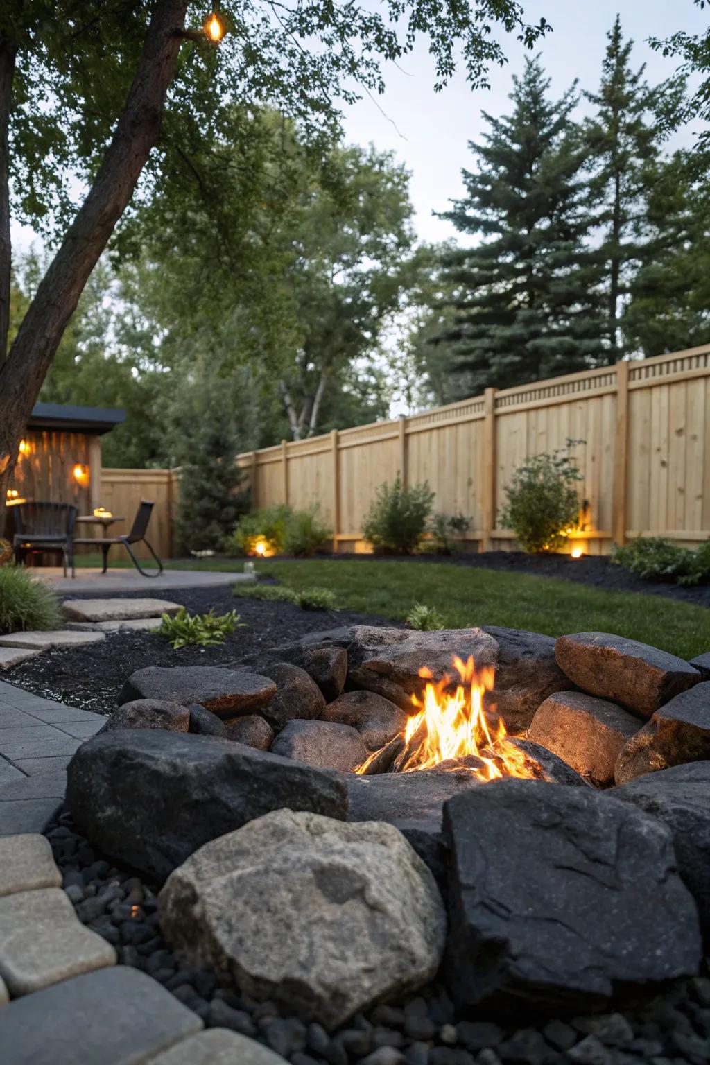 Dark stones create a cozy fire pit area.