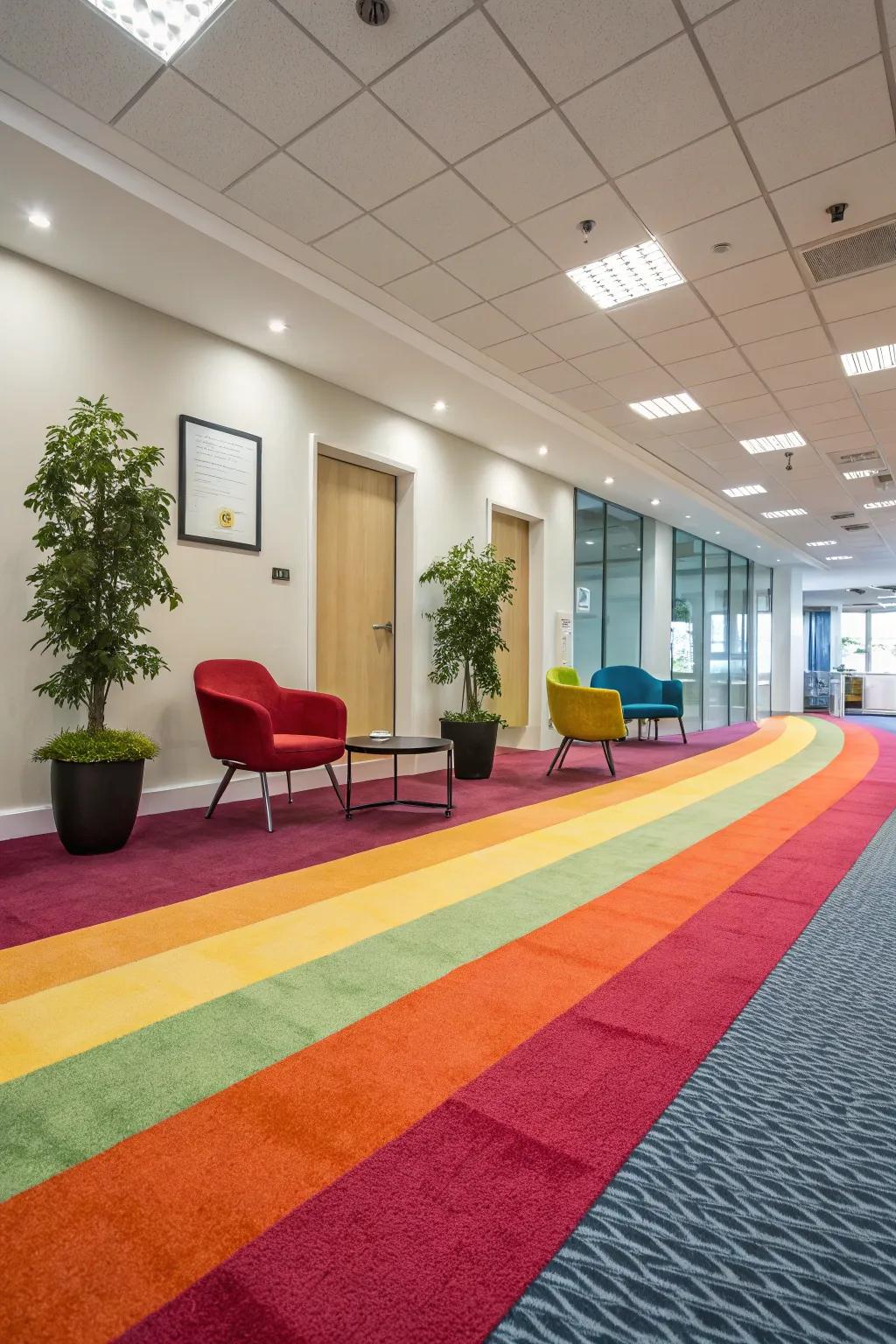 A modern space showcases a vibrantly colored carpet, bringing energy to the area.