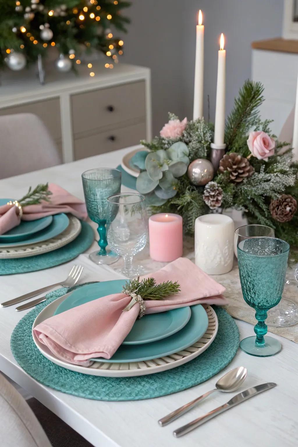 A unique table setting using unexpected colors like teal and blush.