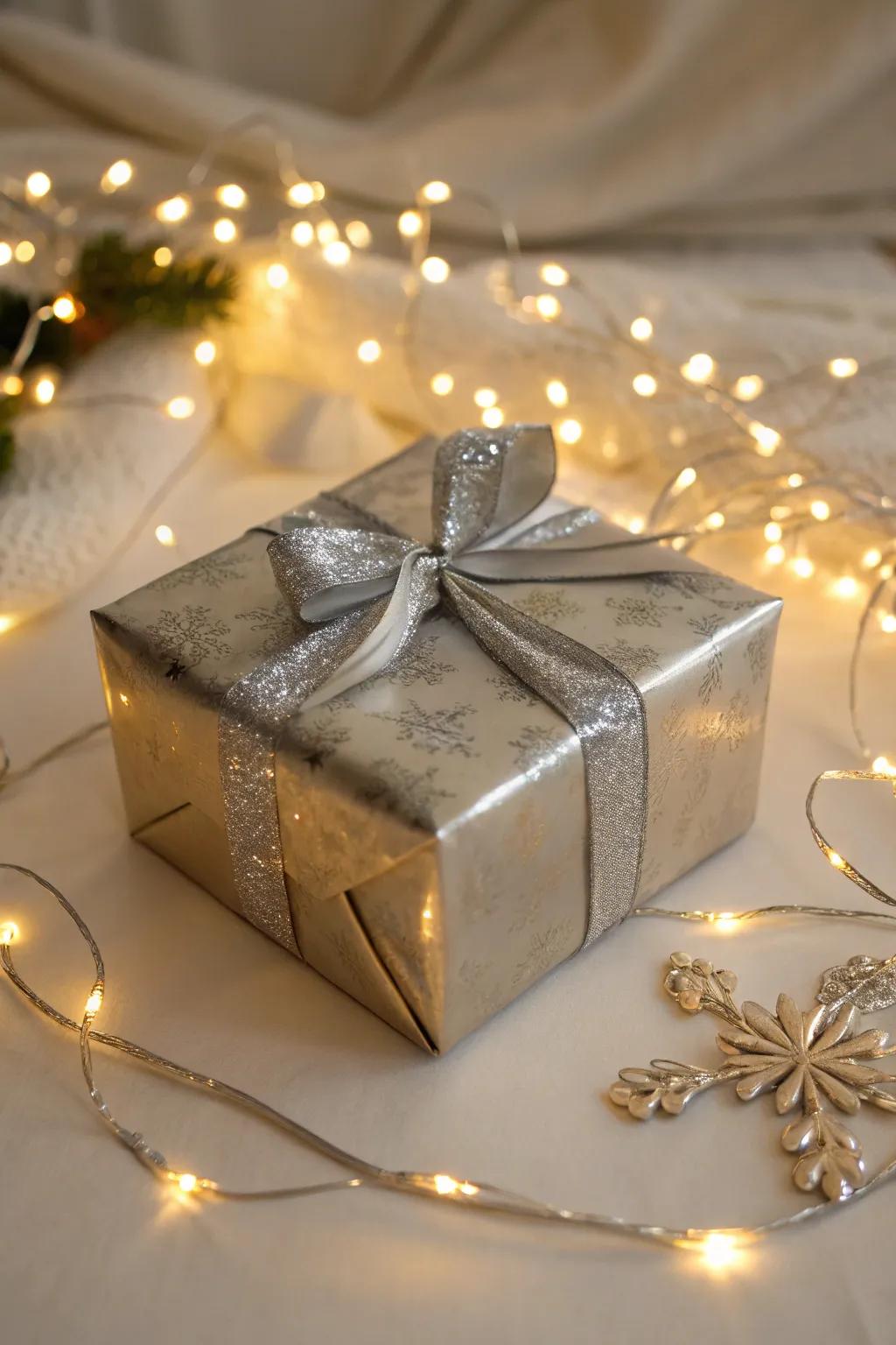 A glamorous gift wrapped with metallic accents, ideal for a sparkling holiday celebration.