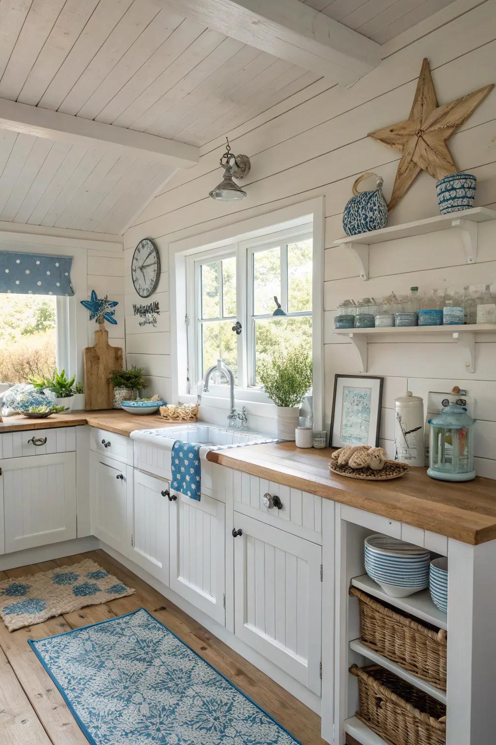 Plank walls add country charm to this coastal kitchen.
