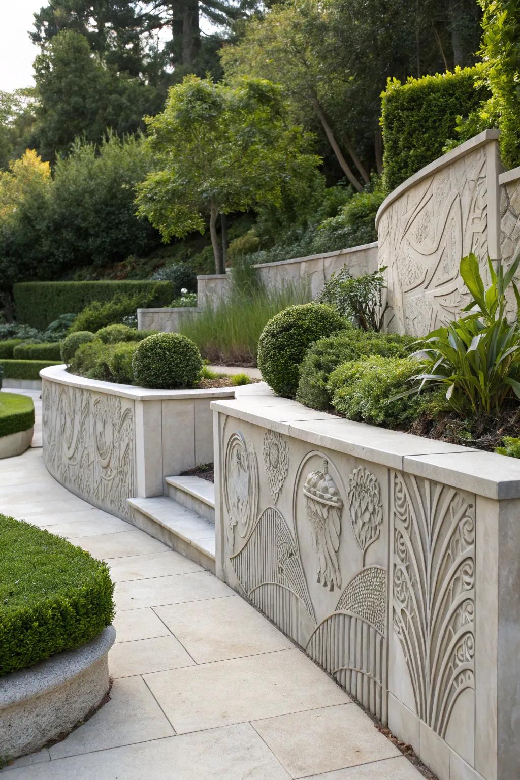 Sculptural reinforced wall serving as an artistic focal point.