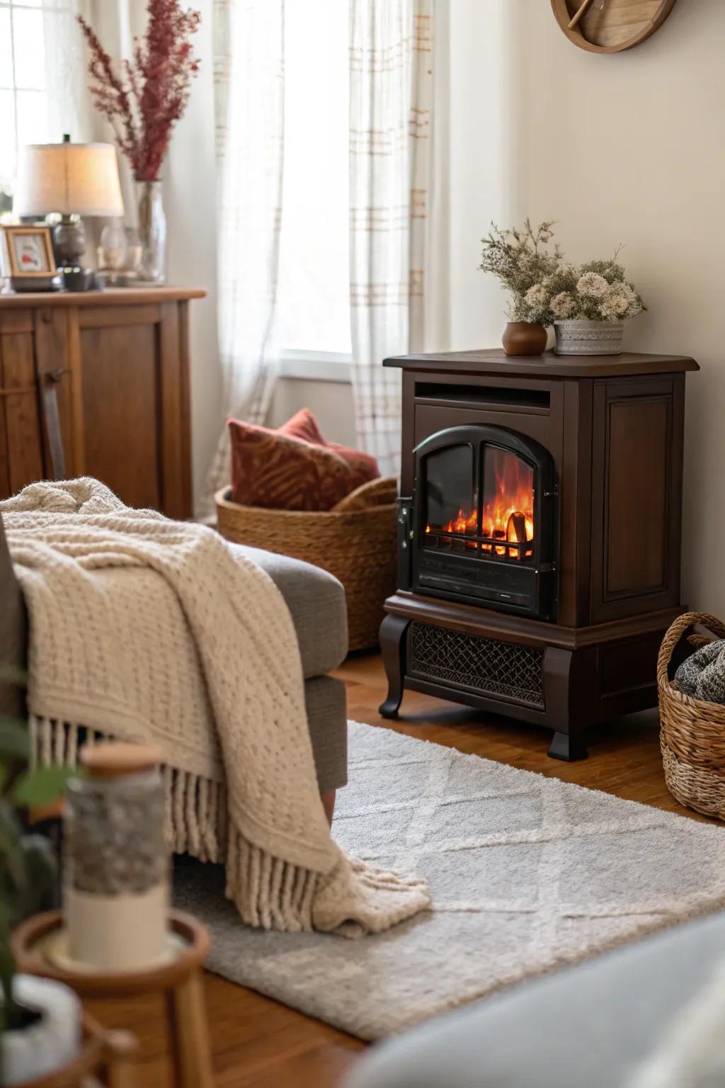 A compact electric fireplace transforming a corner into a warm and inviting space.