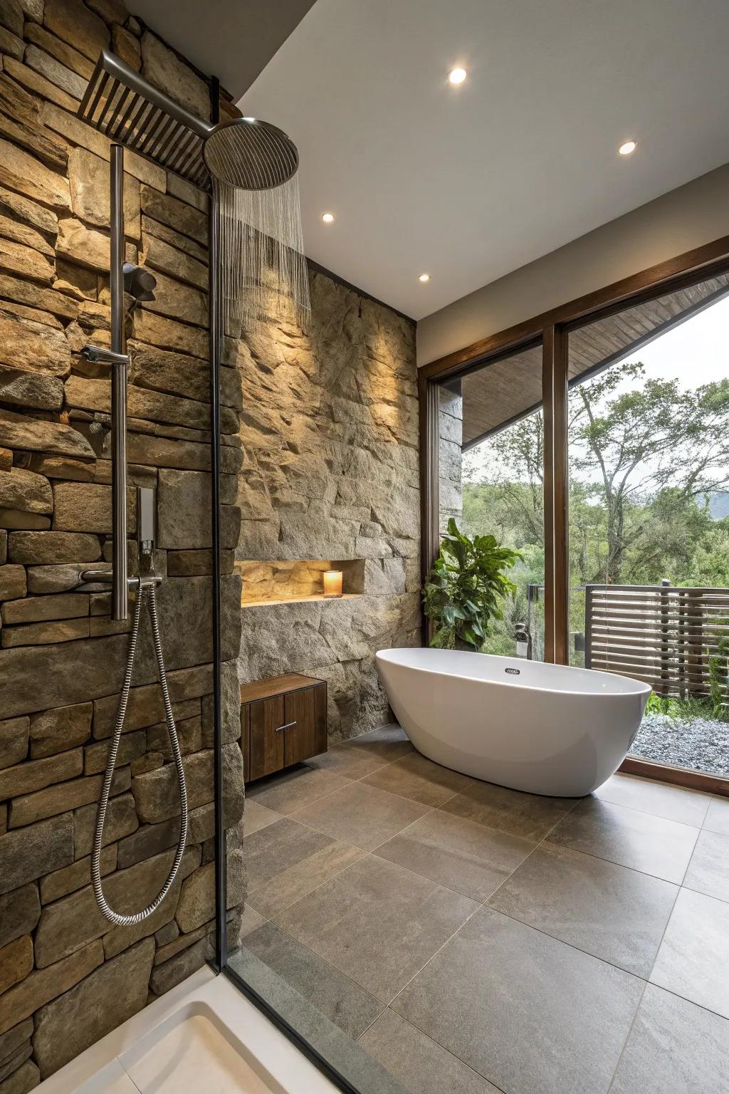 A stone wall adds drama and texture to this modern country bathroom.