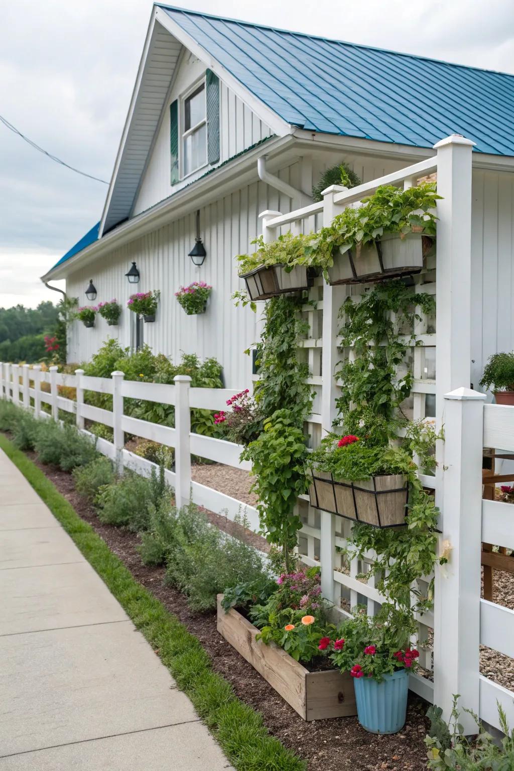A vertical garden fence maximizes area and incorporates vibrant greenery to a modern farmhouse.