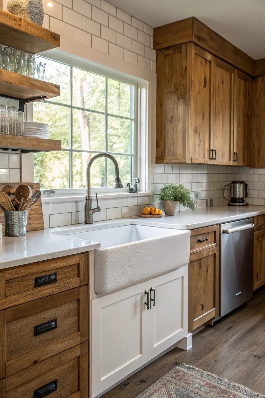 A farmhouse basin combines functionality with classic design in this kitchen.