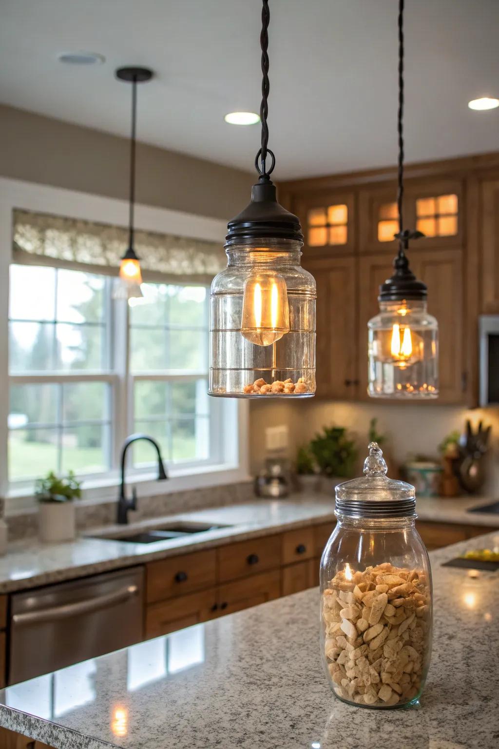 Glass jar pendants infuse nostalgic charm to kitchens.