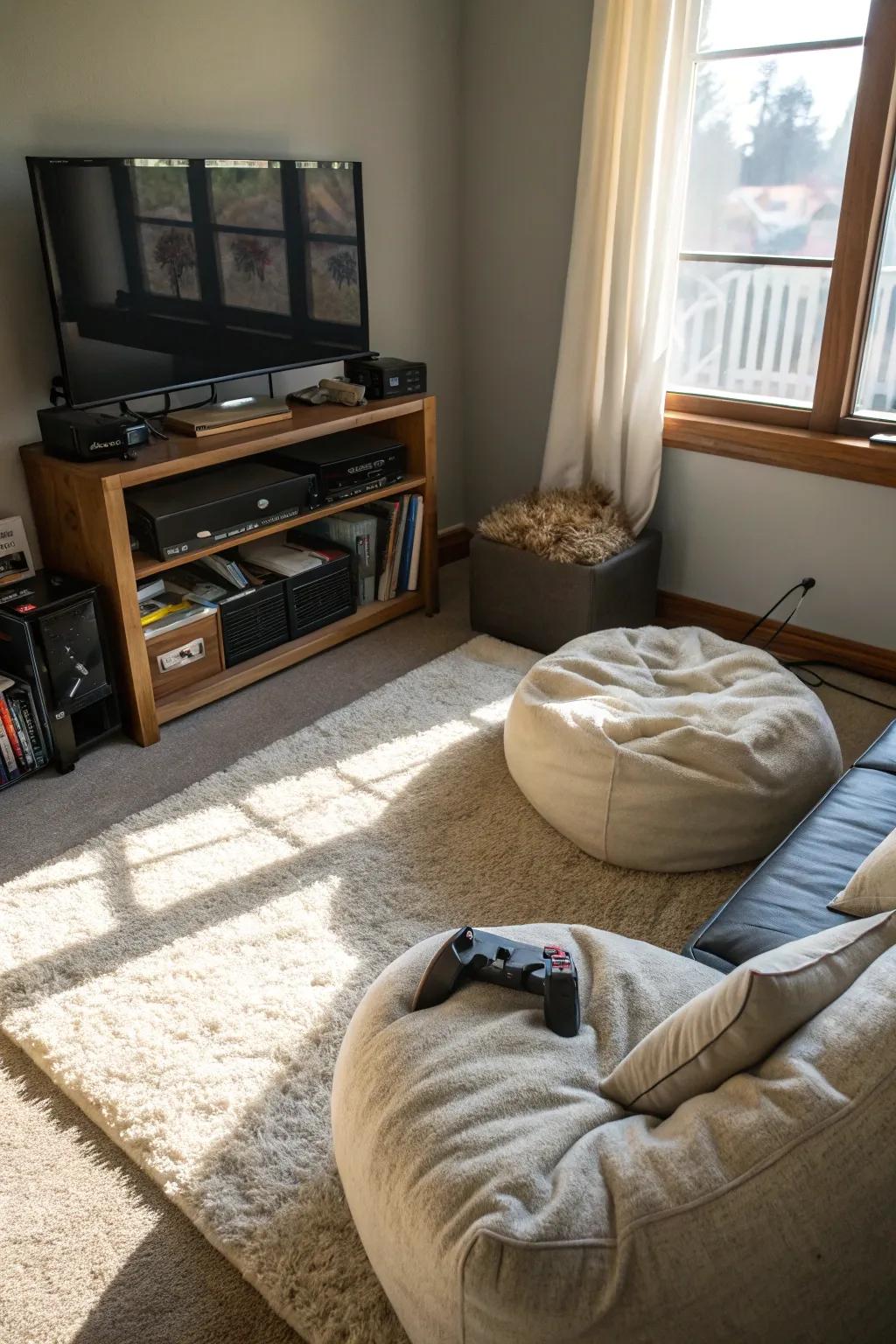 A cozy spot in a gaming room featuring a soft rug and comfortable cushions.