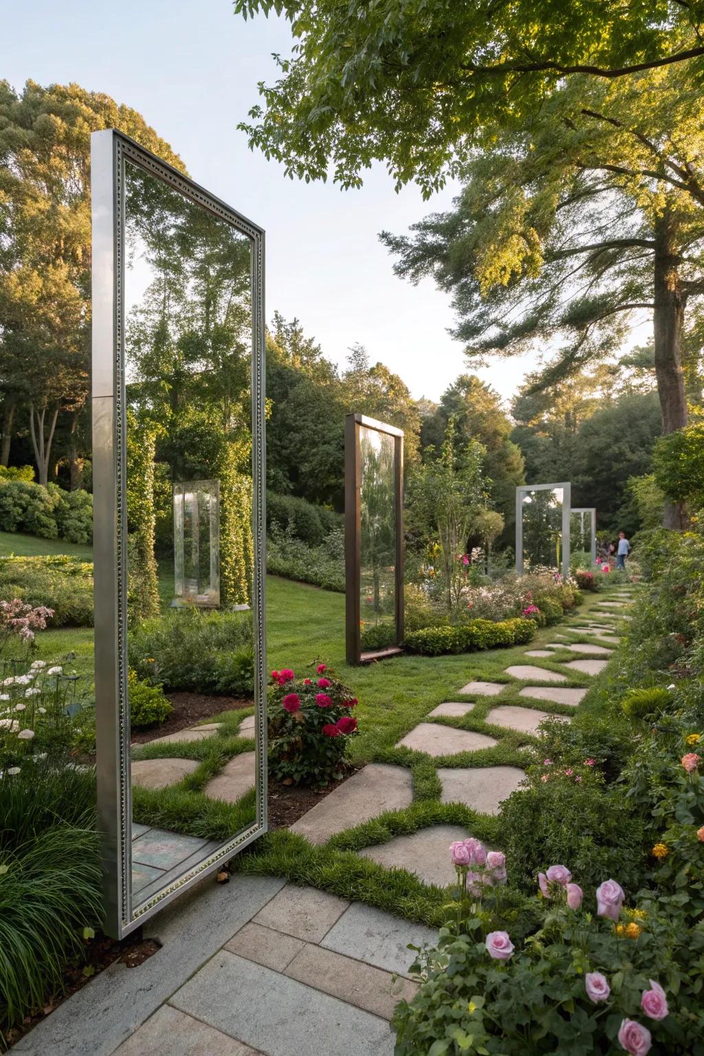 Reflective facets broaden the visual space in a contemporary garden.