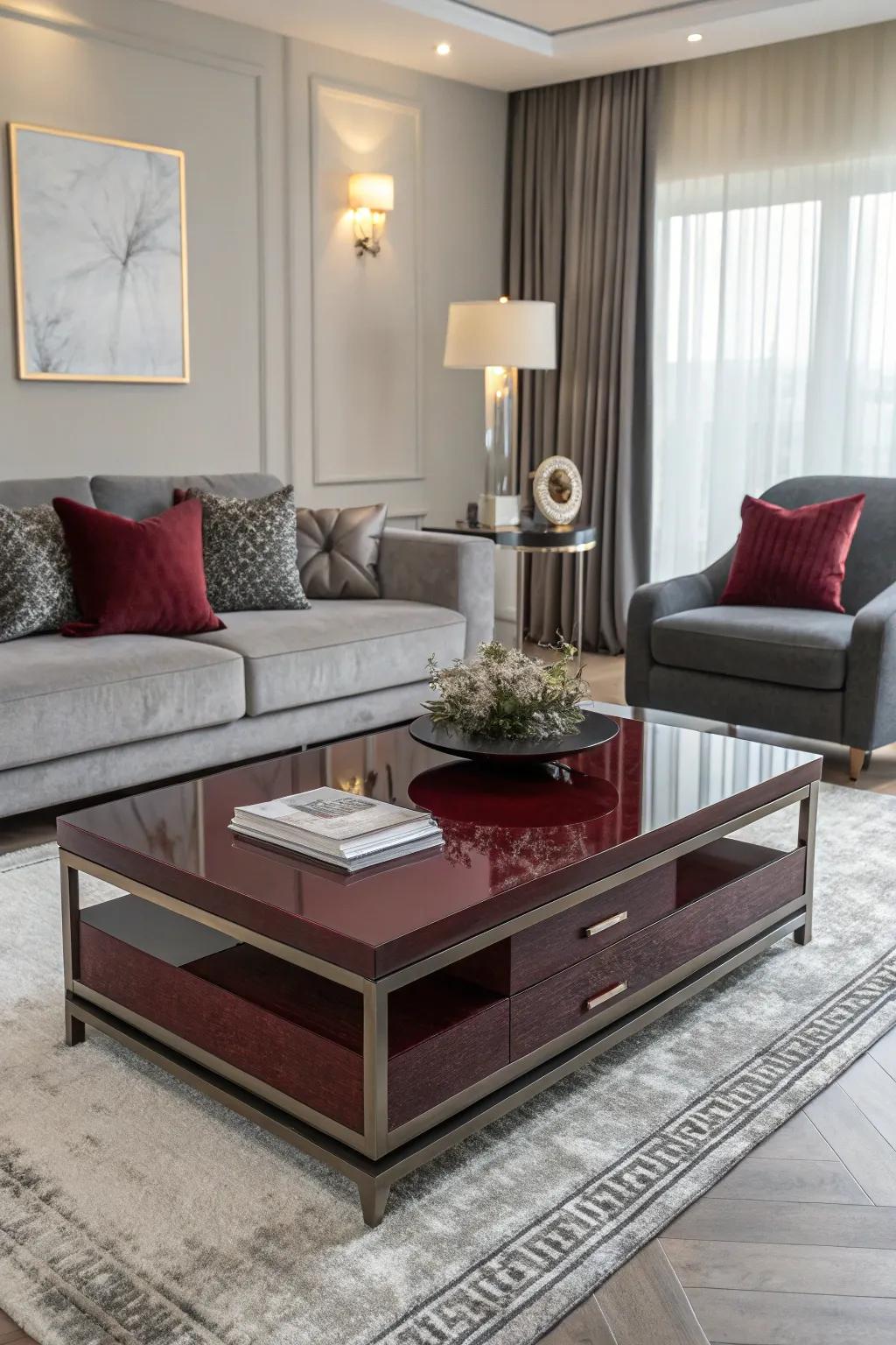 Living area featuring a modern top stand that features crimson touches and neutral decor.