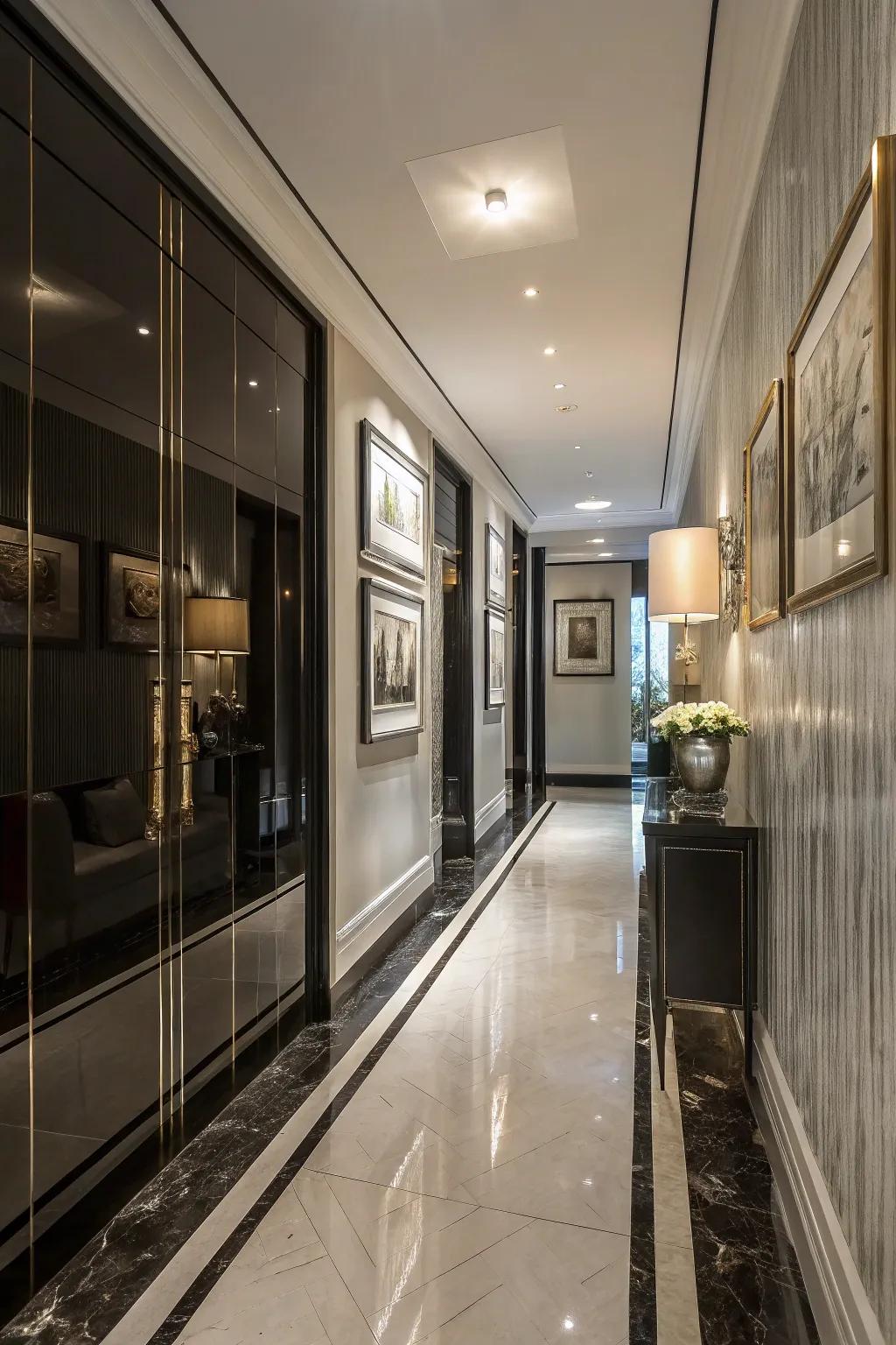 High-gloss finishes add a touch of glamour to the hallway.