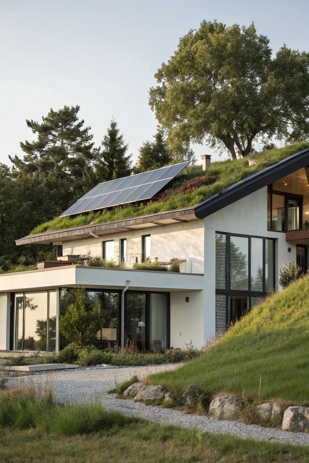 A modern home featuring eco-friendly elements for sustainability.