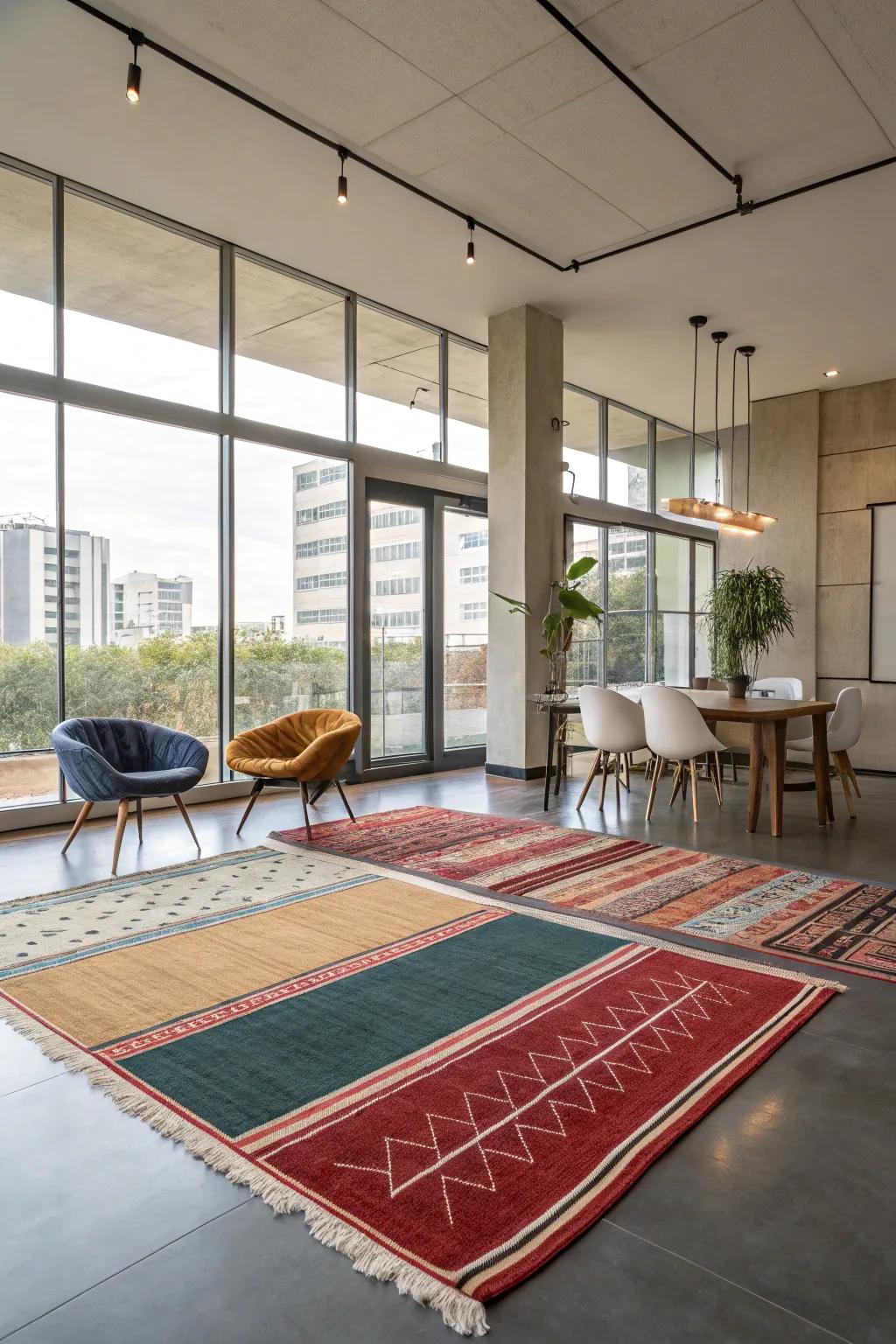 A modern interior utilizing rugs to define zones in an open space.