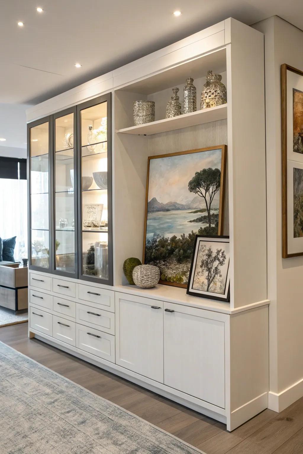 Art inserts sophistication and highlights the hutch.