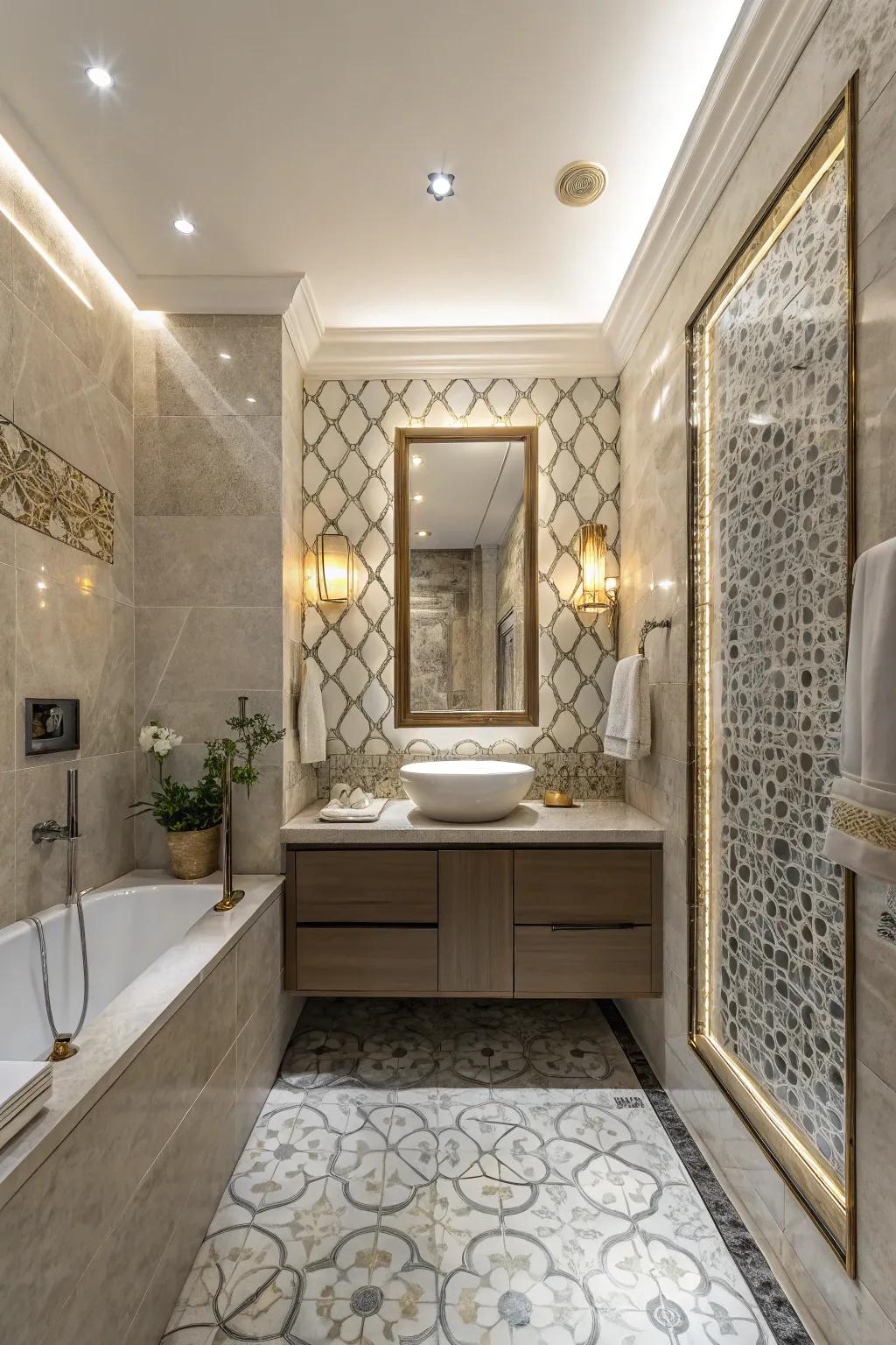 Intricate tiles add a touch of artistry to this bathroom.