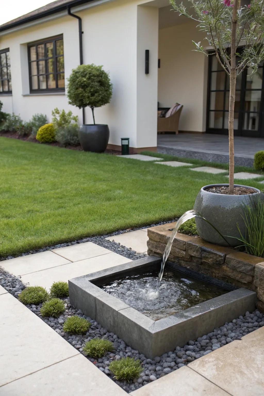 A minimalist water element adding tranquility to a contemporary front yard.