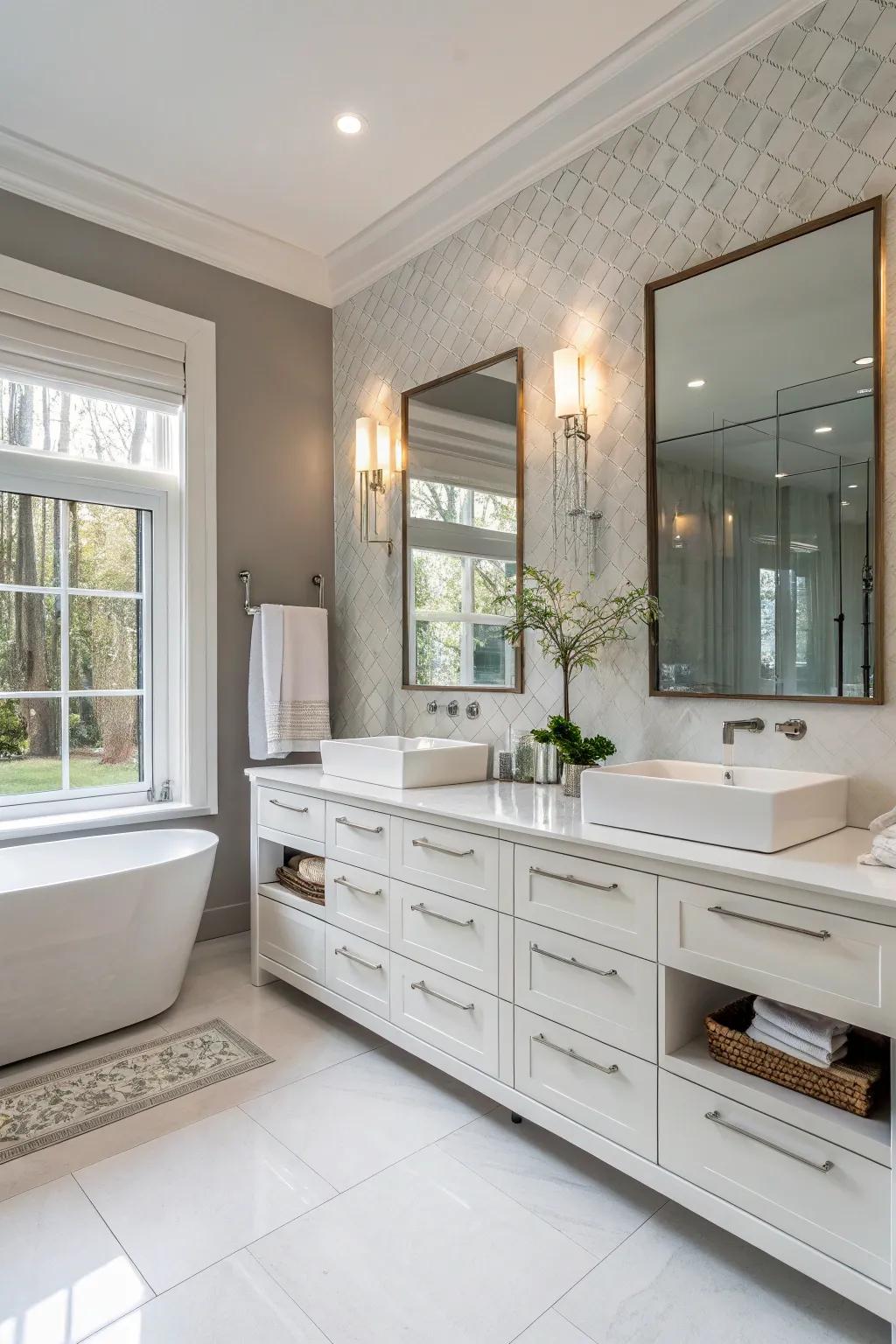 Drifting washstands deliver a streamlined, modern aesthetic.