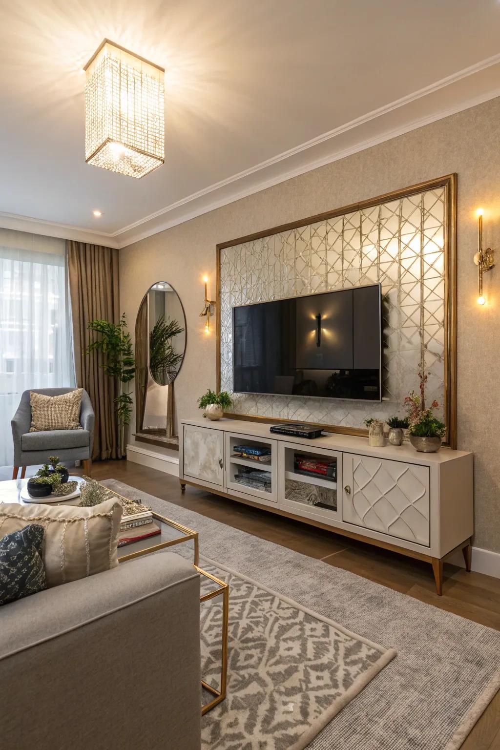 Reflective sophistication conceals the TV for a sophisticated and refined media wall.