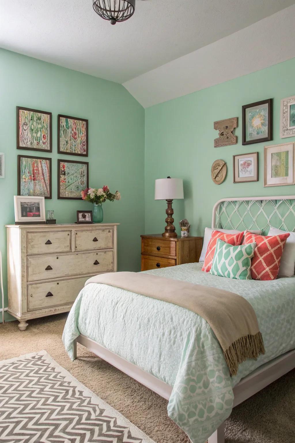 A harmonious blend of vintage and modern in a mint green bedroom.