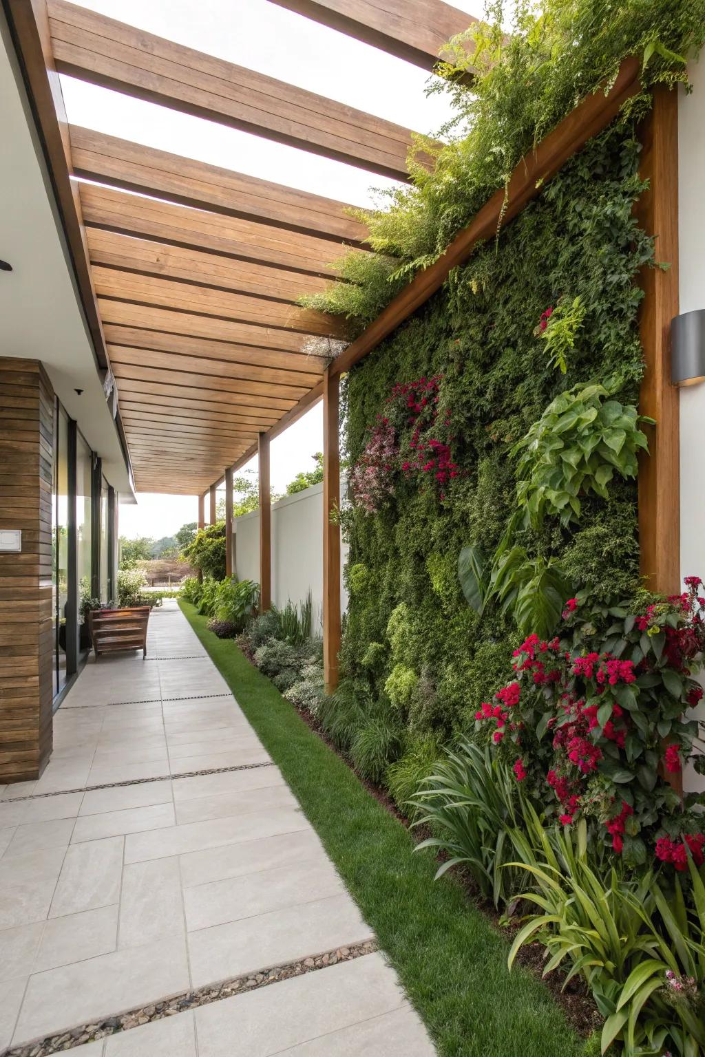 Vertical gardens add a vibrant touch to your pergola.