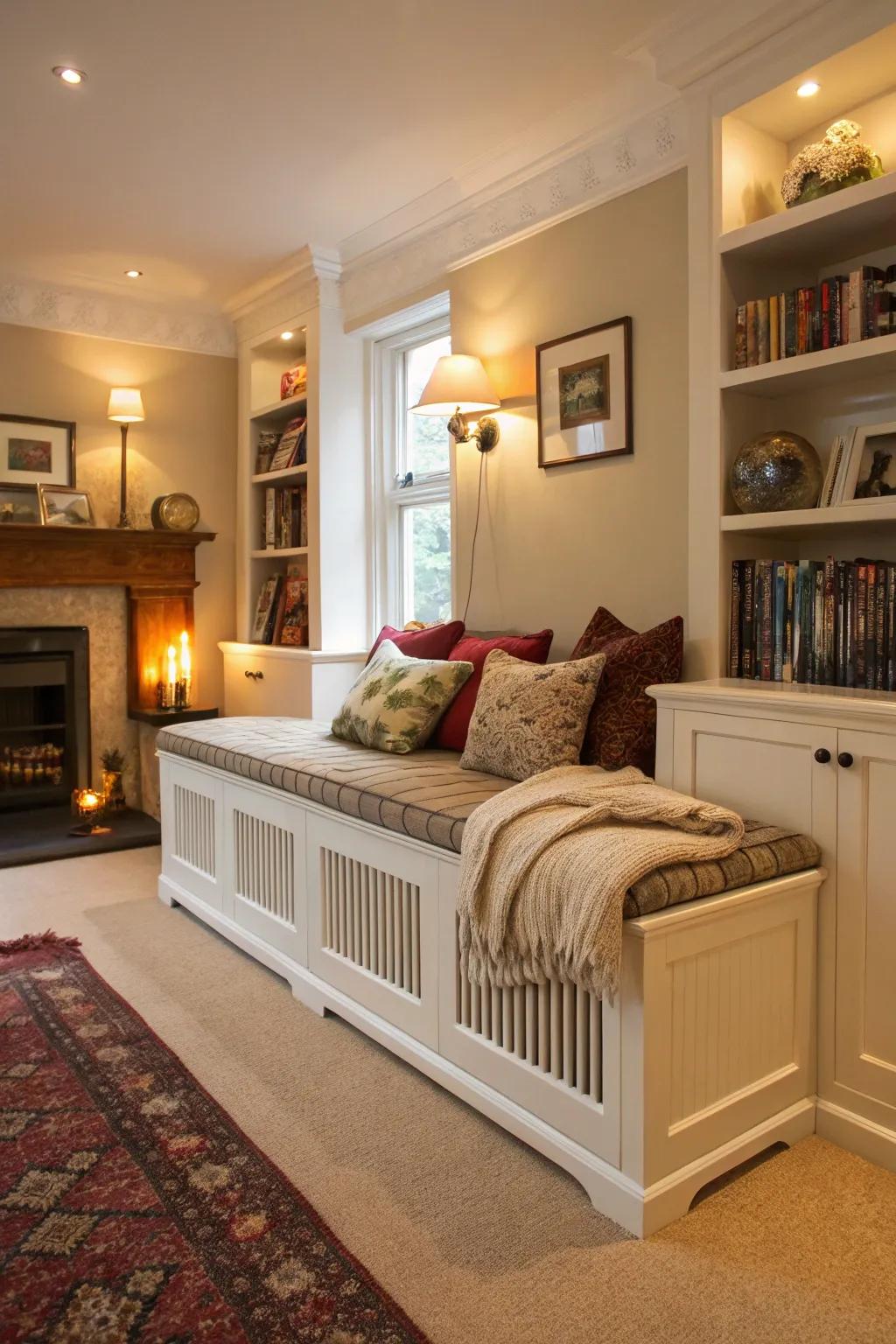 A radiator cover that doubles as a cozy bench.