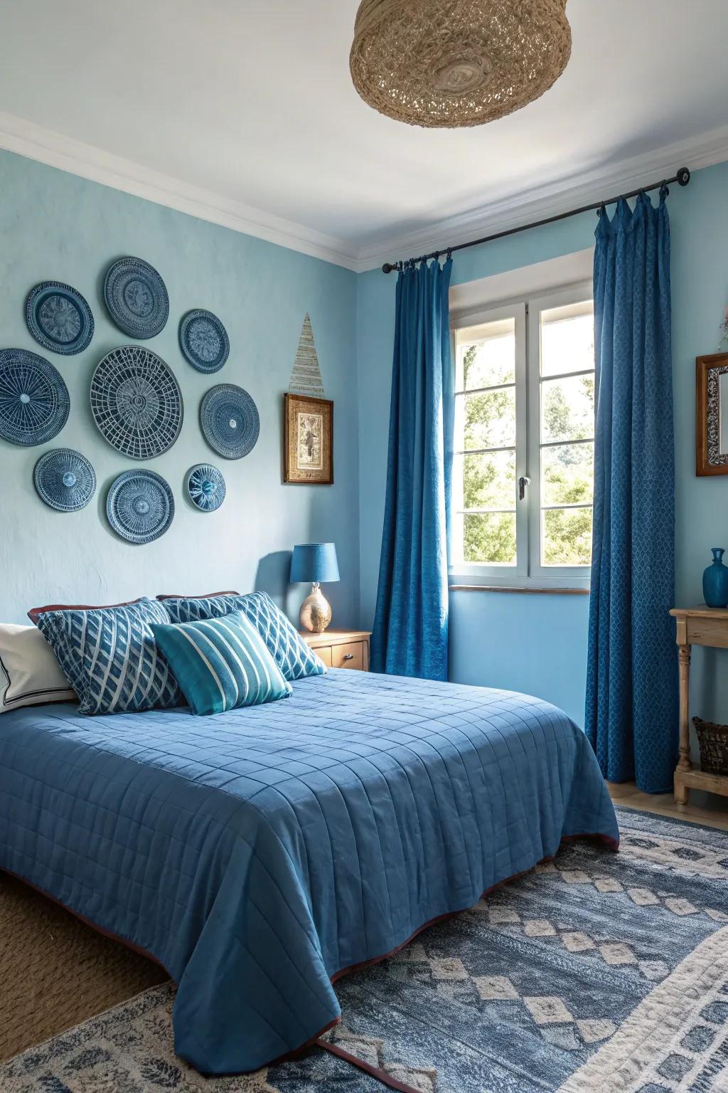 Combining different shades of blue adds depth and character to the space.