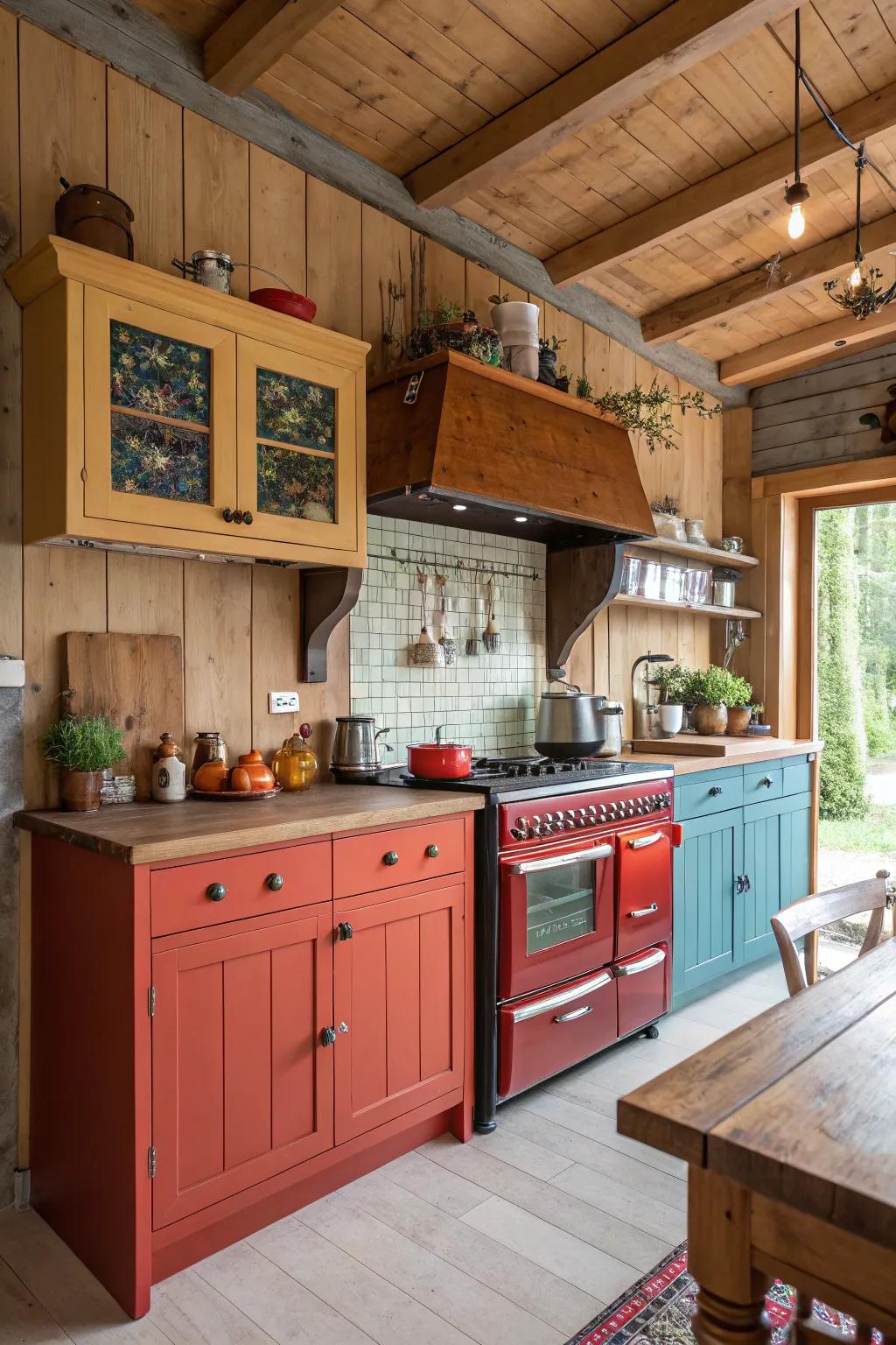 Bold cabinet colors add a striking contrast to this rustic kitchen.