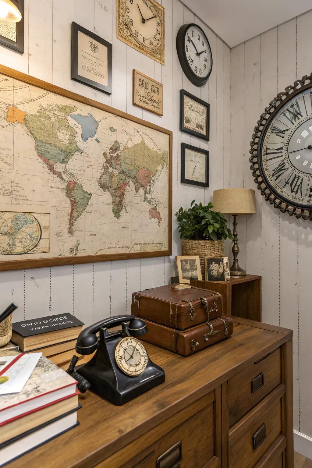 Period pieces amplify the nostalgic charm of a rustic office.