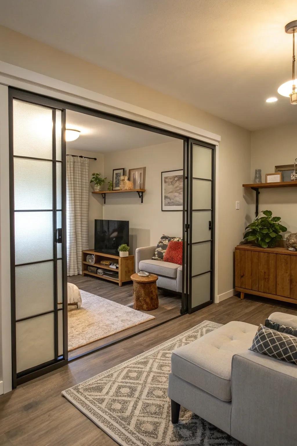 A small living space showcasing modern shifting panels for space-saving.