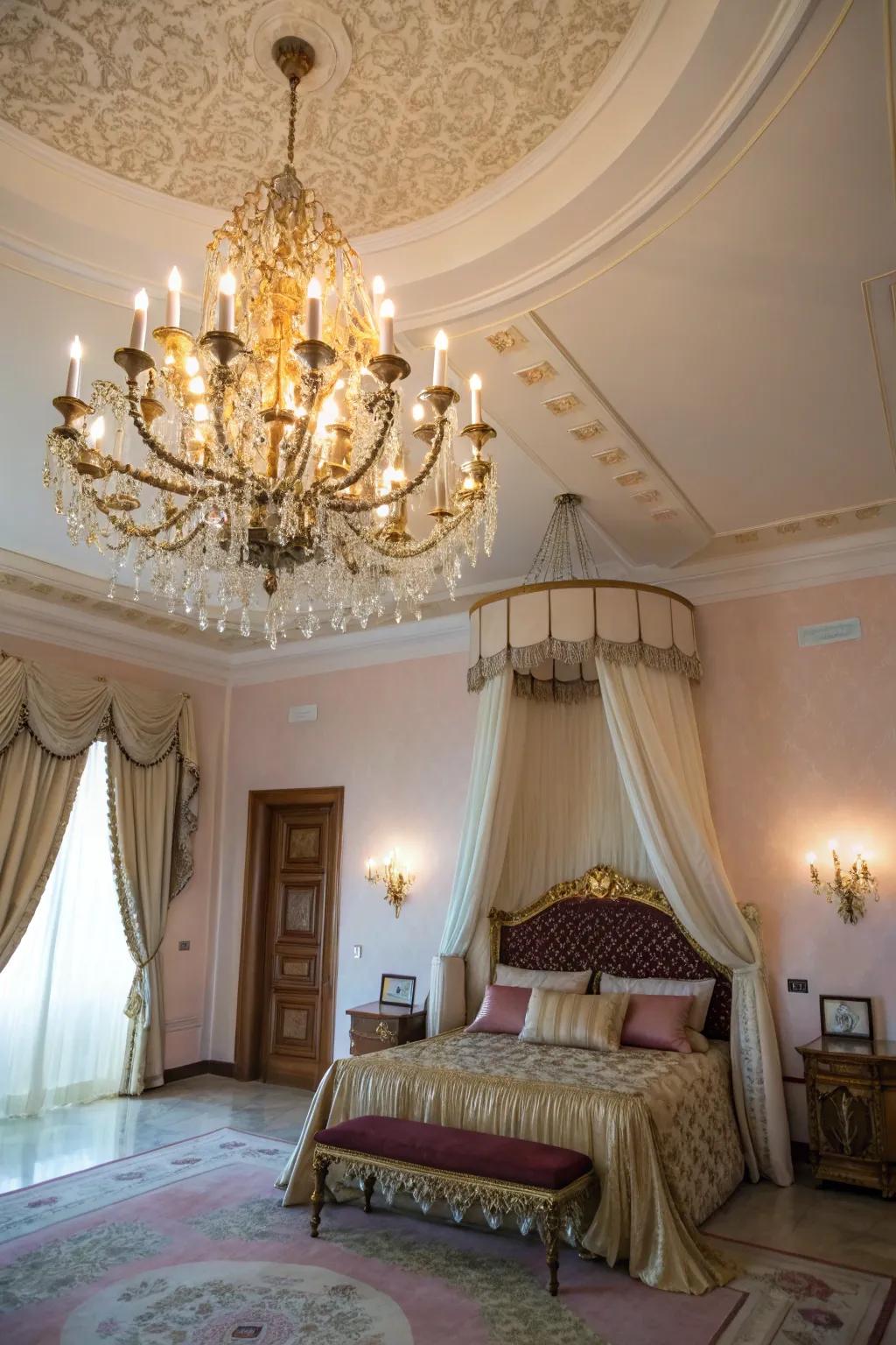 A statement pendant light adds luxury and elegance to a modern Spanish bedroom.