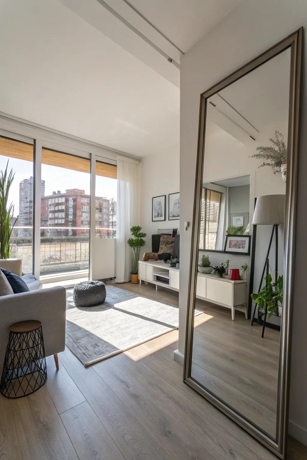 A studio apartment where mirrors enhance light and create a sense of space.