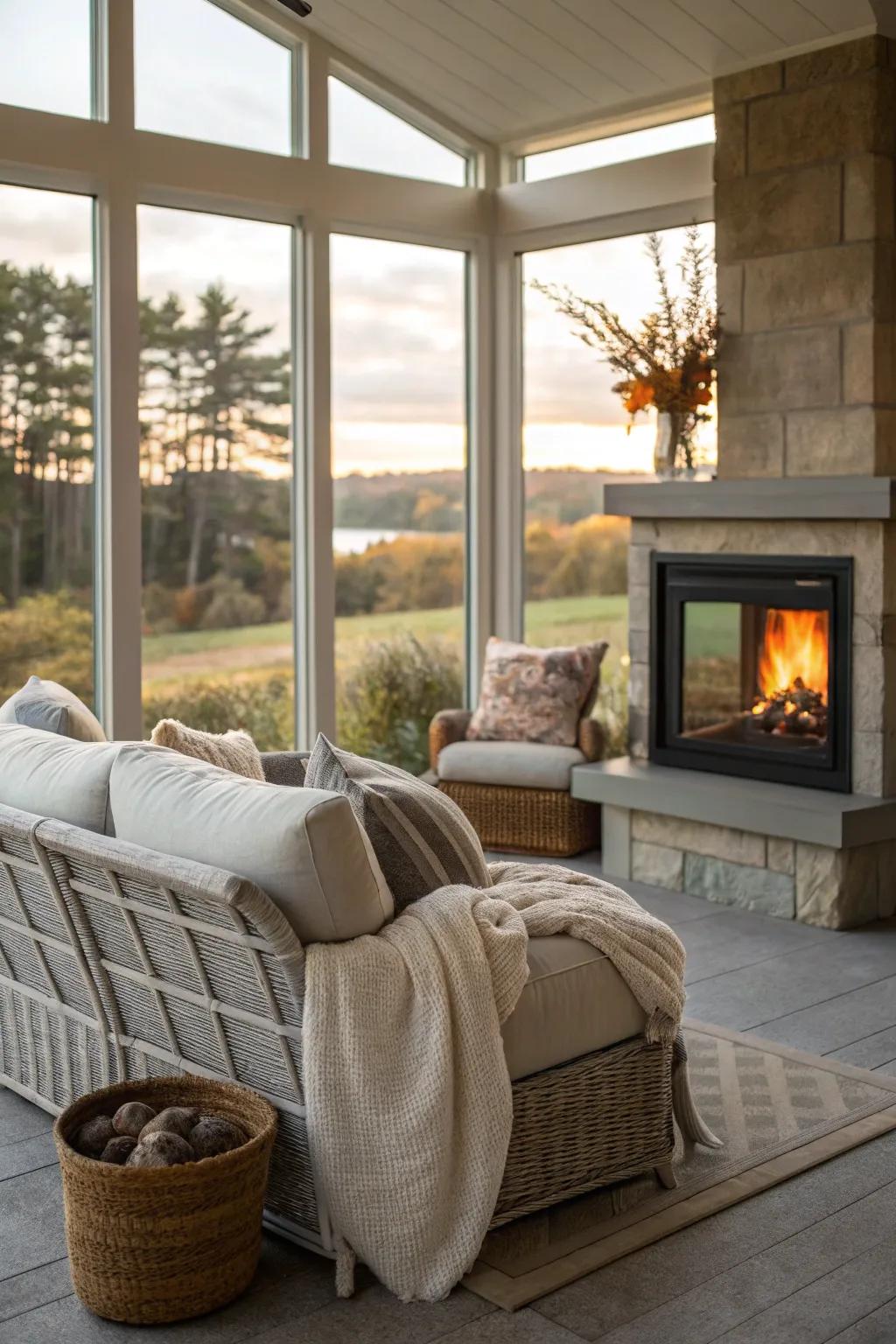 A fireplace adds warmth and charm to this sunroom.