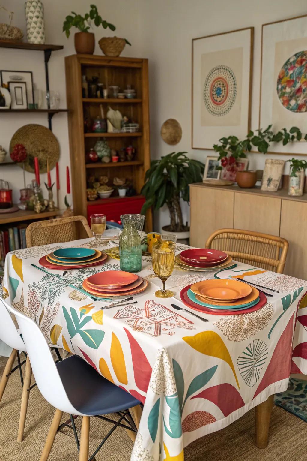 Abstract prints infuse creativity into modern eating spaces.