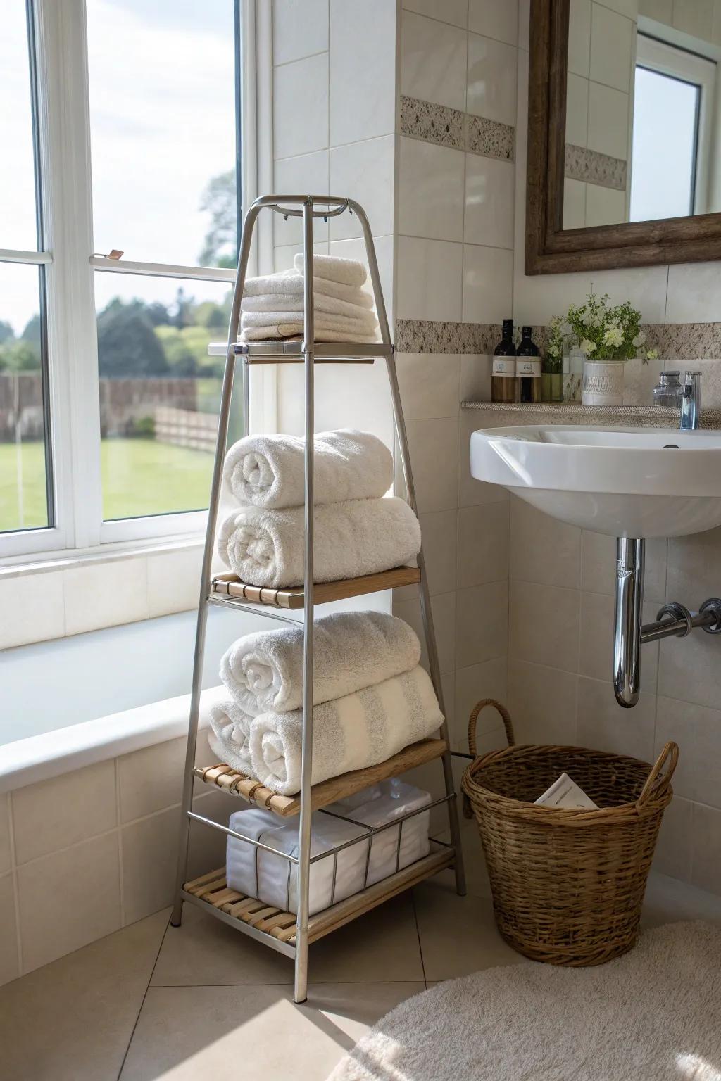 Stratified coordination through a tiered towel stand.