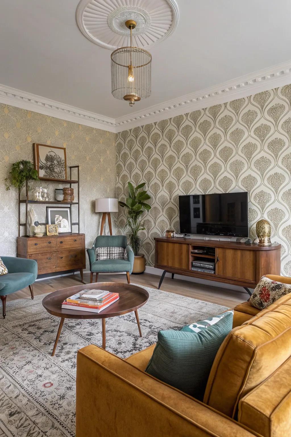 Vintage revival wallcovering brings nostalgic charm to a modern living room.