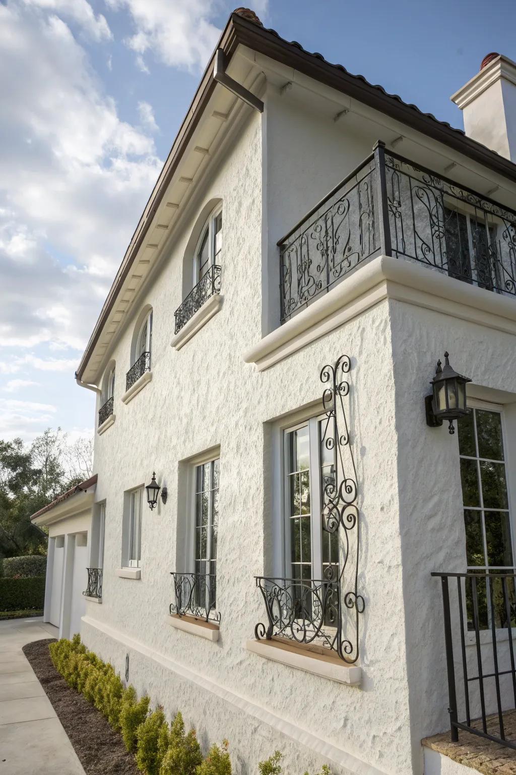 A modern white stucco house with stylish metal accents.