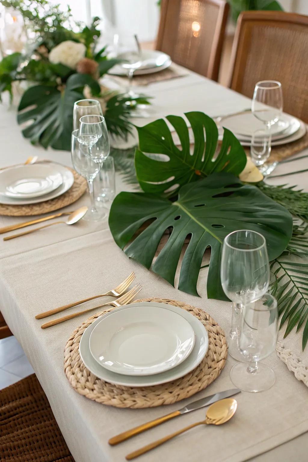 A chic table runner crafted from split-leaf philodendron fronds.