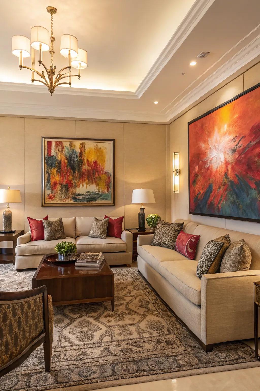 A bold art piece crafting a center point in a shadowy living area.