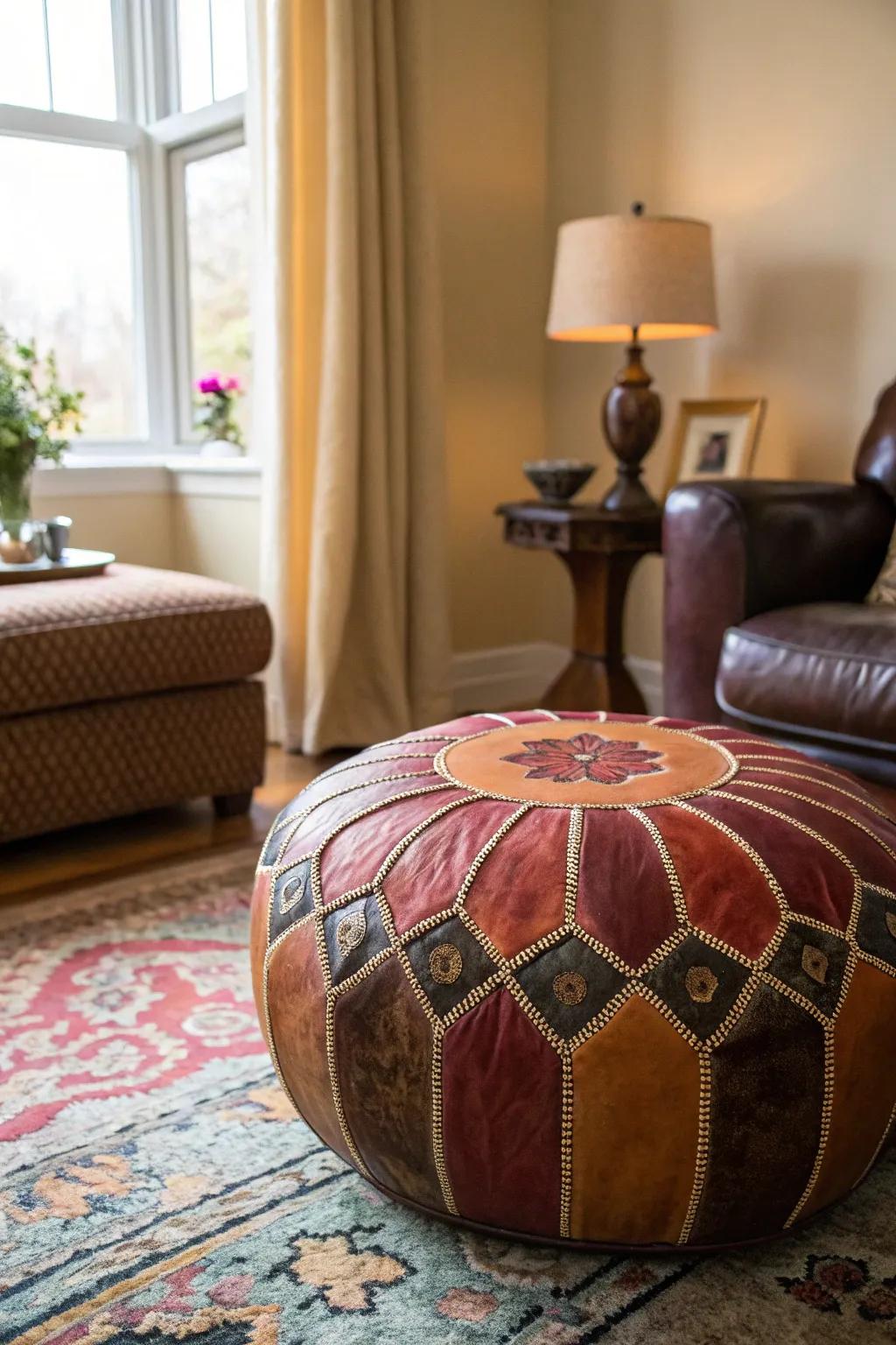 A stylish Moroccan leather pouf enhancing any room's decor.