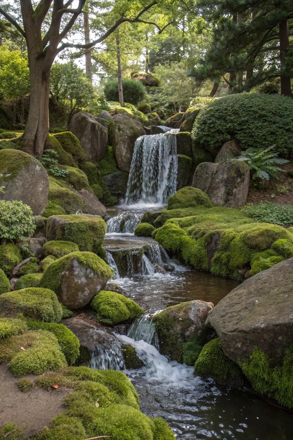 A serene garden waterfall flowing over lush moss rocks.